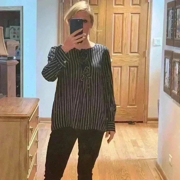 United Colors of Benetton Navy Striped Long Sleeve Blouse L - Picture 13 of 13